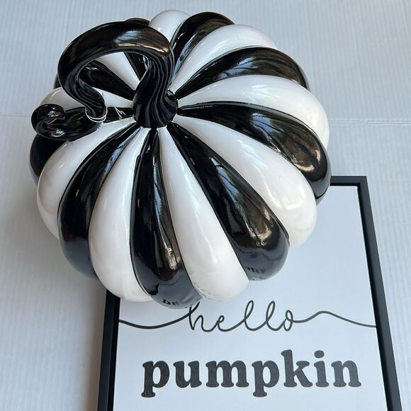 Elegant Glossy Black and White Stripe Pumpkin - Picture 7 of 10